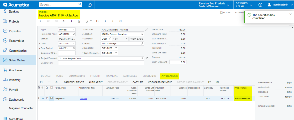 Authorize Payment action in Invoice Screen