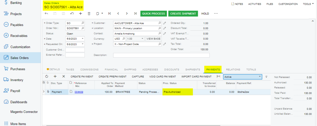 Authorize action on Sales Order Screen