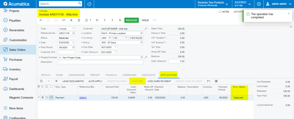 Capture CC Payment Action in Invoice Screen