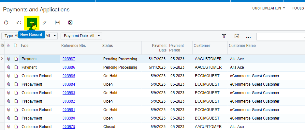 Payments and Application screen