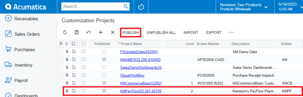 Select project and publish