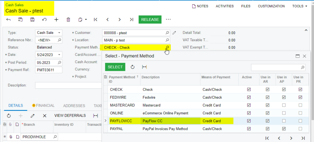 Selecting Payflow as Payment Method