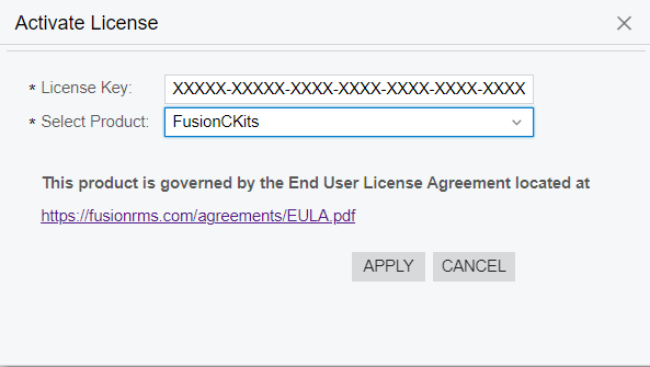 License Key entered against the selected product