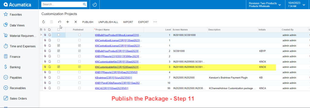 Published package screen