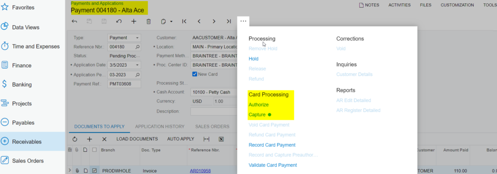 Authorize and Capture Actions under Payments and Application