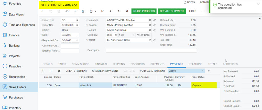 Capture Action at Sales Order Screen