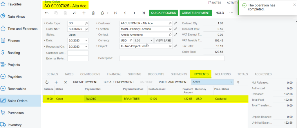 Capture Action at Sales Order Screen