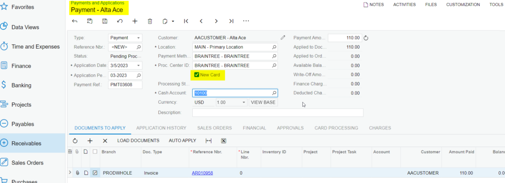 Payments and Applications Screen