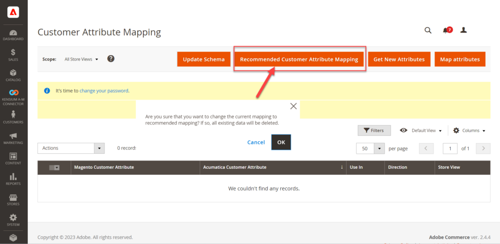 confirmation pop-up for recommended customer attribute mapping