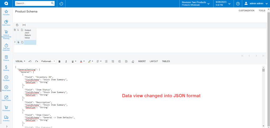 Data view in the JSON format