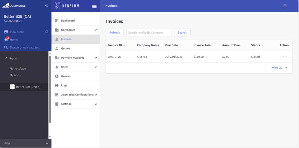 Invoices screen in BetterB2B