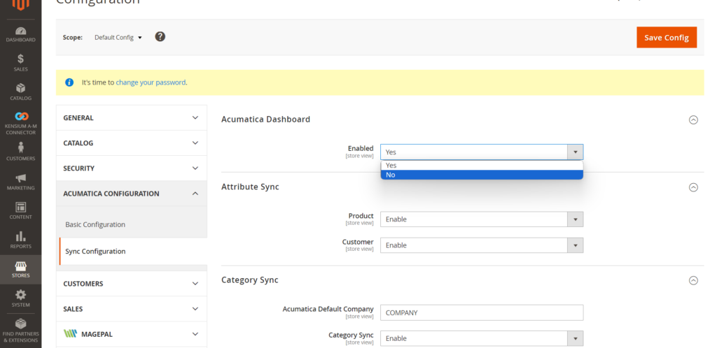 Select No to disable the Dashboard on Acumatica