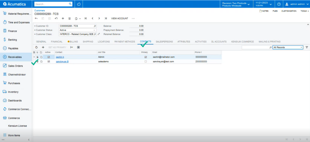 The newly created user is displayed under Acumatica Contacts