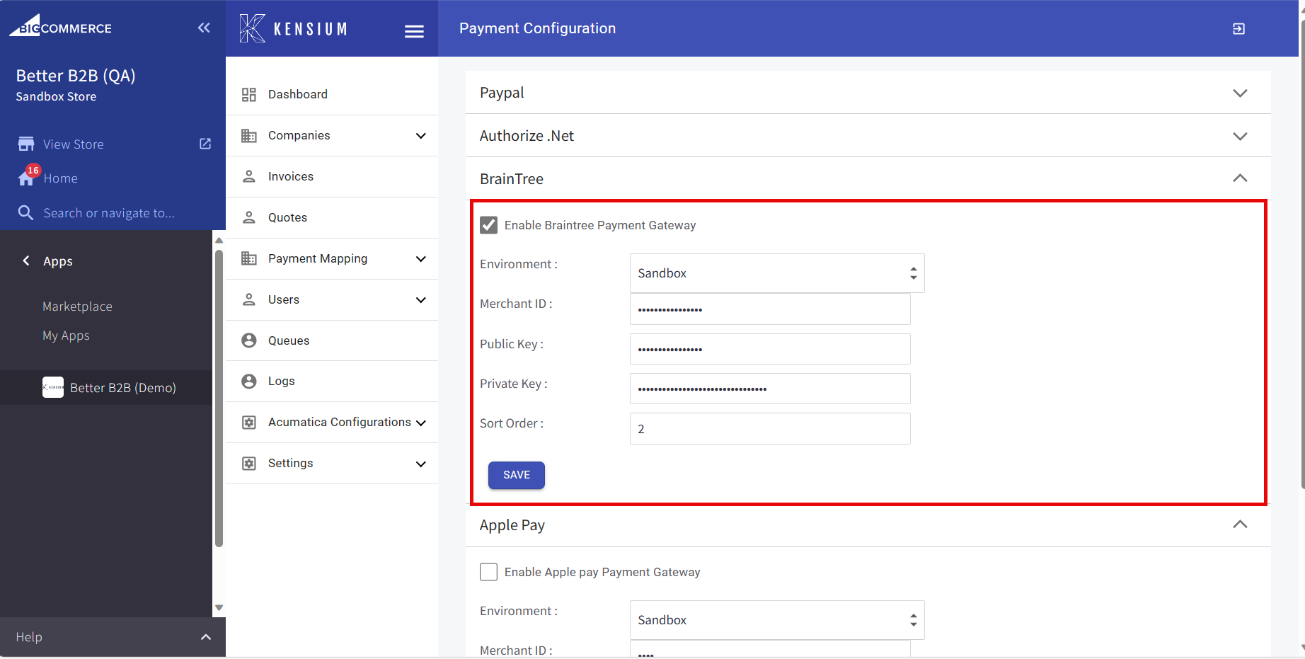 Braintree Details in Payment Configuration