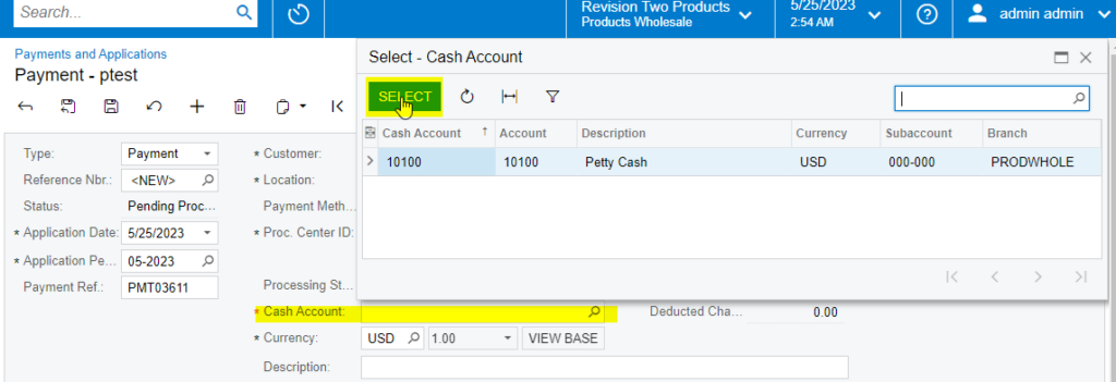 Cash Account from Payments and Application screen