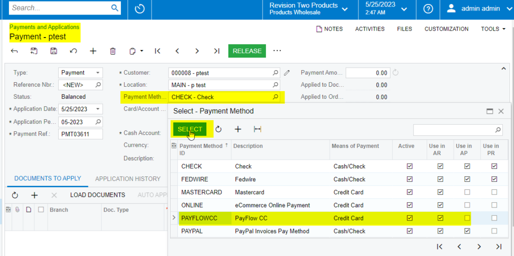 Payflow Payment Method from Payment and Application screen