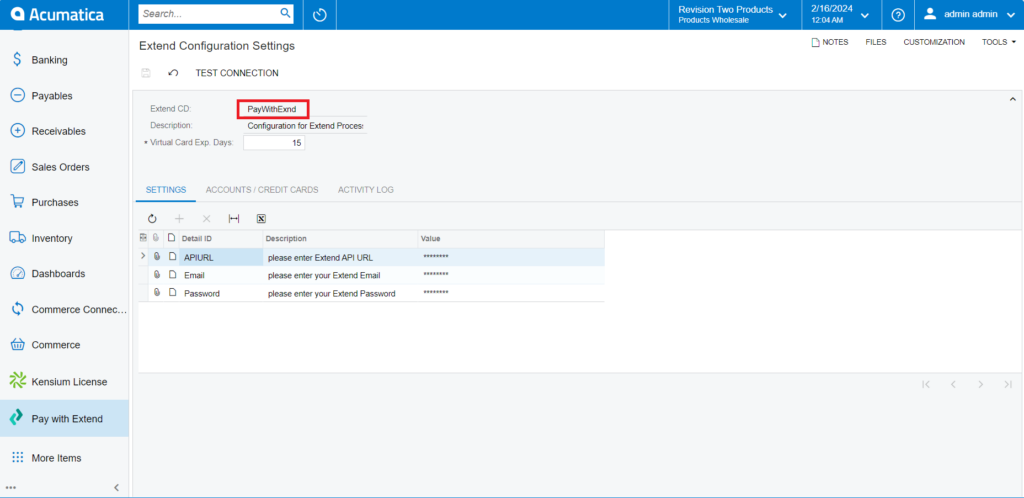 Enter the required information to connect your Extend account with Acumatica
