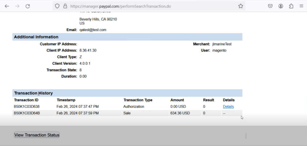 Transaction History Details in PayPal Manager